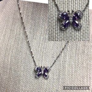 Monet Purple Butterfly Necklace Silver Chain Rhinestone Sparkle Retro BoHo